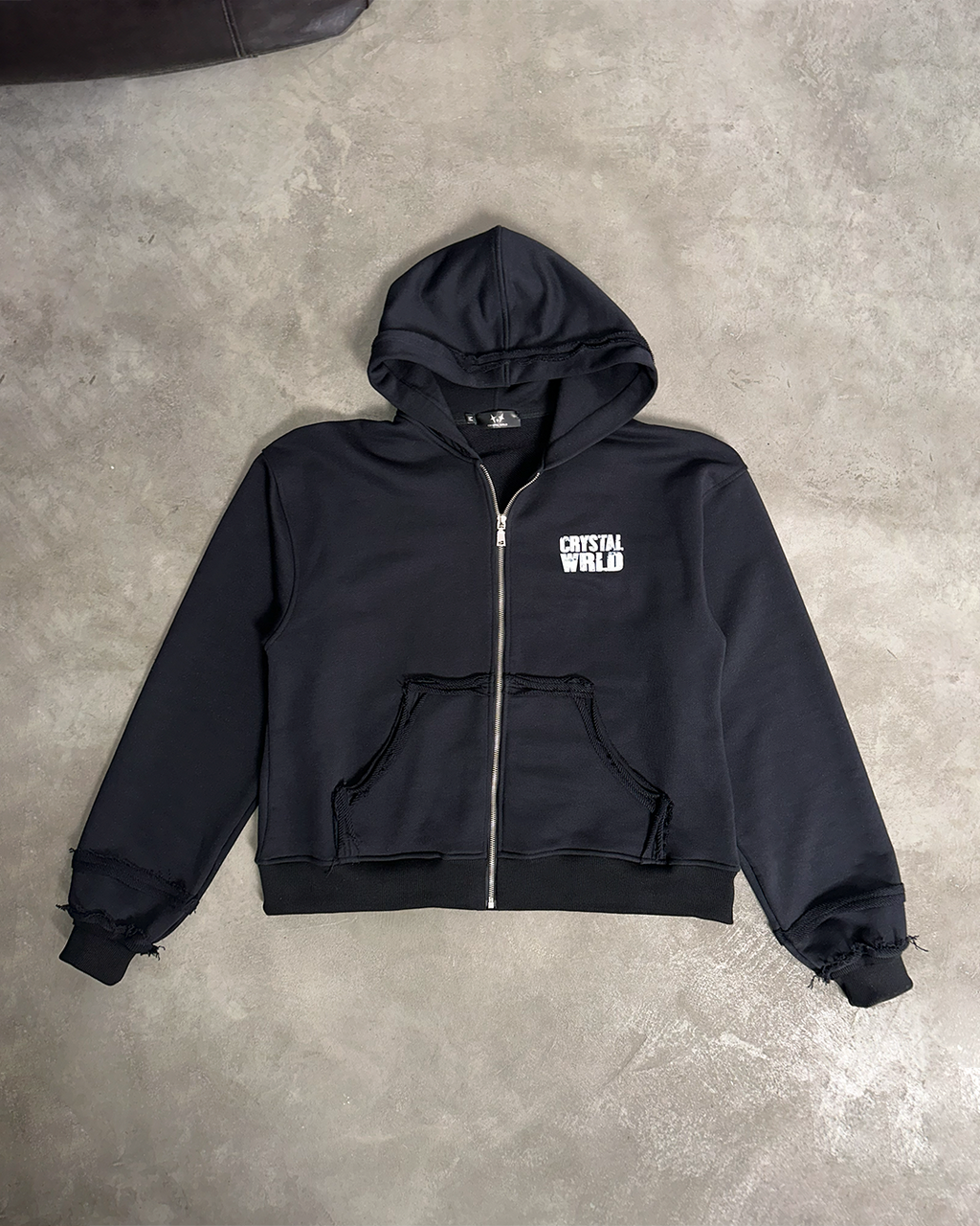 CRYSTAL WRLD DISTRESSED ZIP-HOODIE