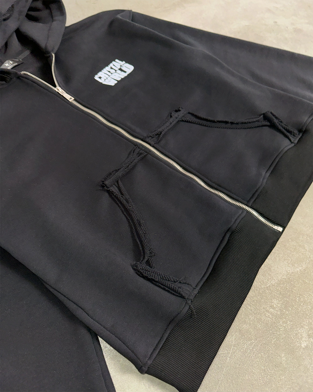 CRYSTAL WRLD DISTRESSED ZIP-HOODIE