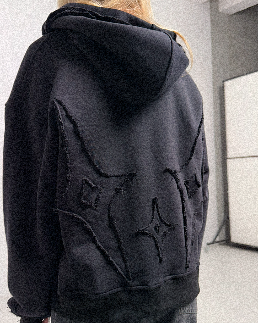 CRYSTAL WRLD DISTRESSED ZIP-HOODIE
