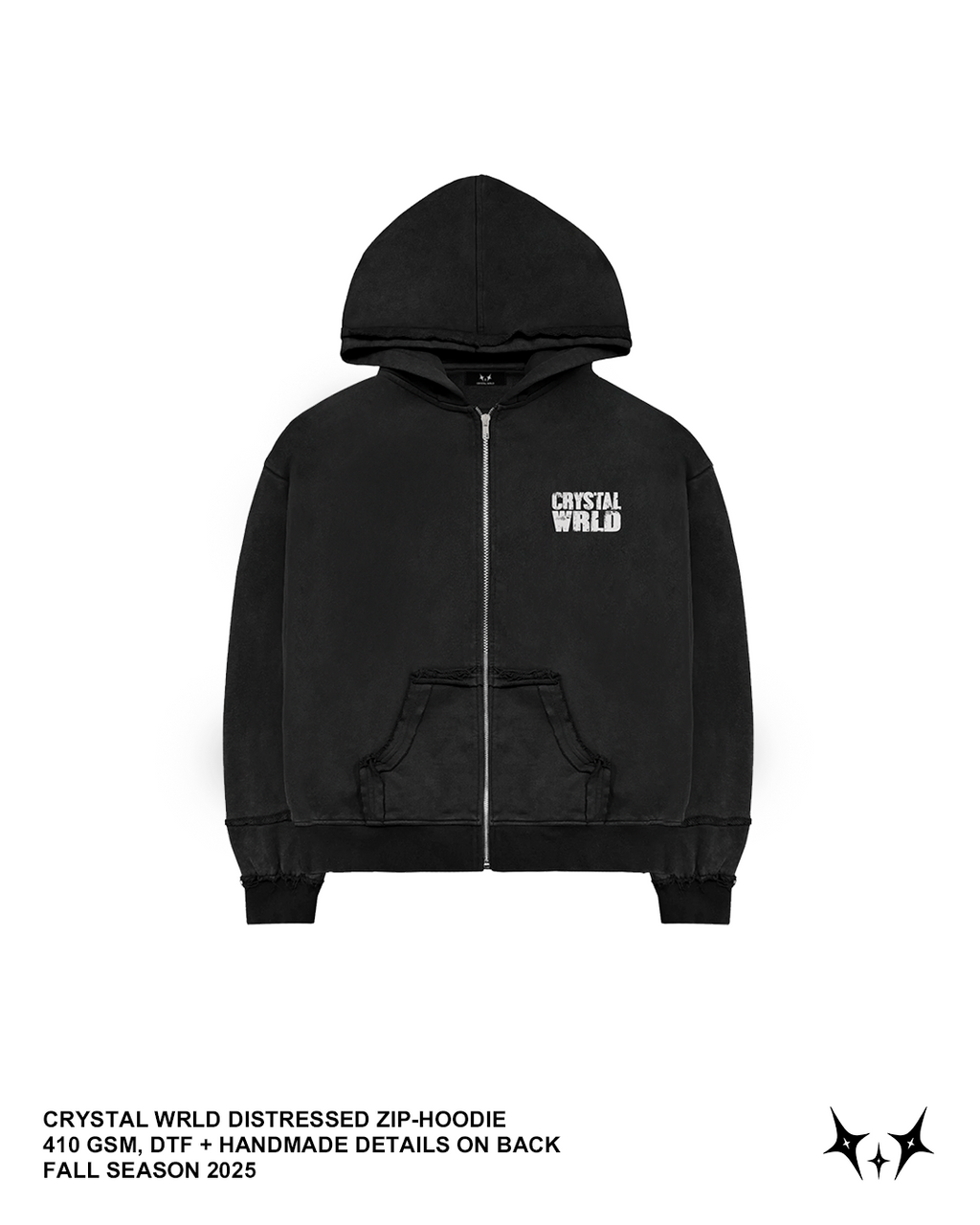 CRYSTAL WRLD DISTRESSED ZIP-HOODIE